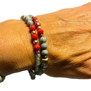 Set of Two Bead Bracelets Silver, Gray, Red and Clear Beads Stretchey Bracelets